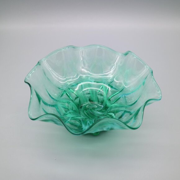 Vintage Green Marbled Swirl Glass Pedestal Bowl with Ruffled Edge, Footed Candy - Picture 3 of 6
